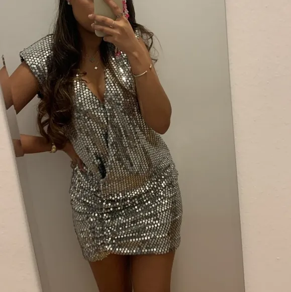 ZARA * Draped sequin mini dress  silver metallic