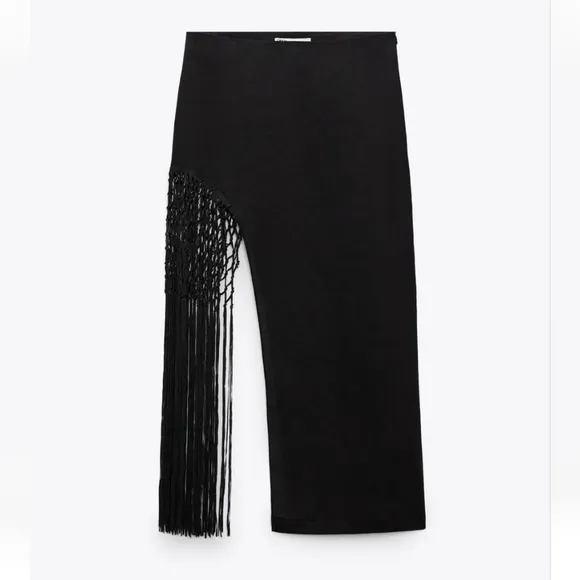 Zara Fringed * Linen Midi Skirt Black