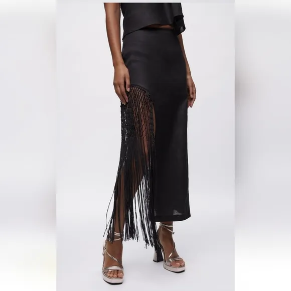 Zara Fringed * Linen Midi Skirt Black