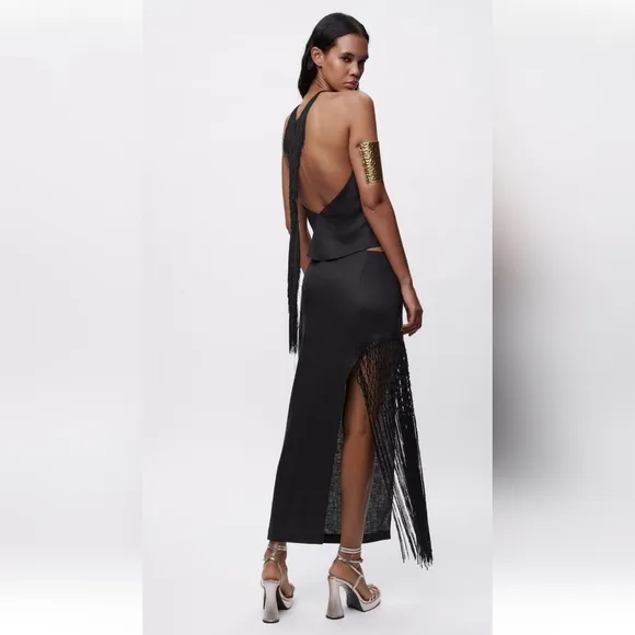 Zara Fringed * Linen Midi Skirt Black