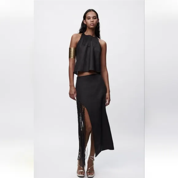 Zara Fringed * Linen Midi Skirt Black
