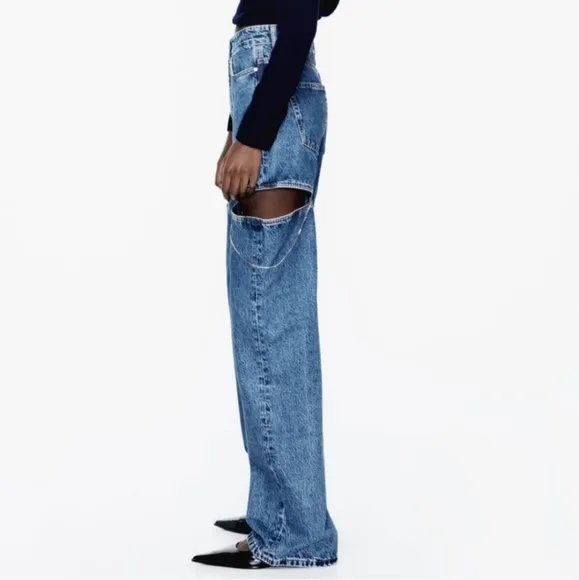 Zara MID WAIST STRAIGHT LEG CUT OUT JEWEL JEANS