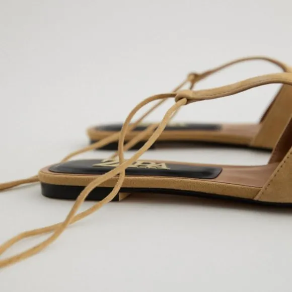 ZARA NUDE CAMEL 100% SUEDE LEATHER LACE UP POINTED FLATS