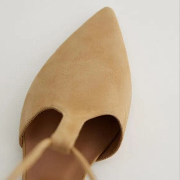 ZARA NUDE CAMEL 100% SUEDE LEATHER LACE UP POINTED FLATS