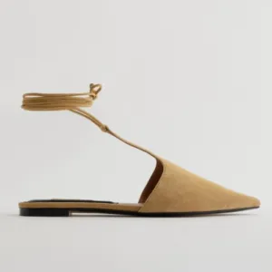 ZARA NUDE CAMEL 100% SUEDE LEATHER LACE UP POINTED FLATS