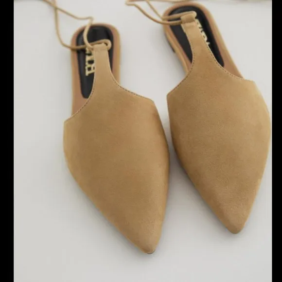 ZARA NUDE CAMEL 100% SUEDE LEATHER LACE UP POINTED FLATS