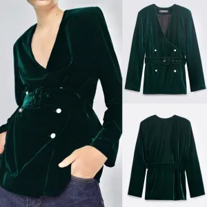 Zara NWOT lapel less collarless emerald green belted blazer