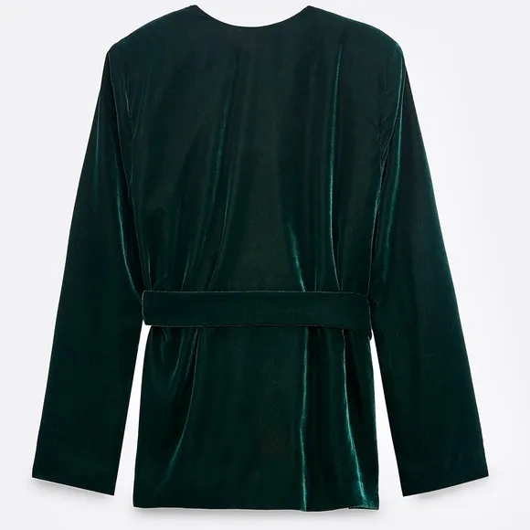 Zara NWOT lapel less collarless emerald green belted blazer