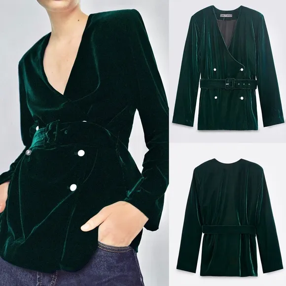 Zara NWOT lapel less collarless emerald green belted blazer