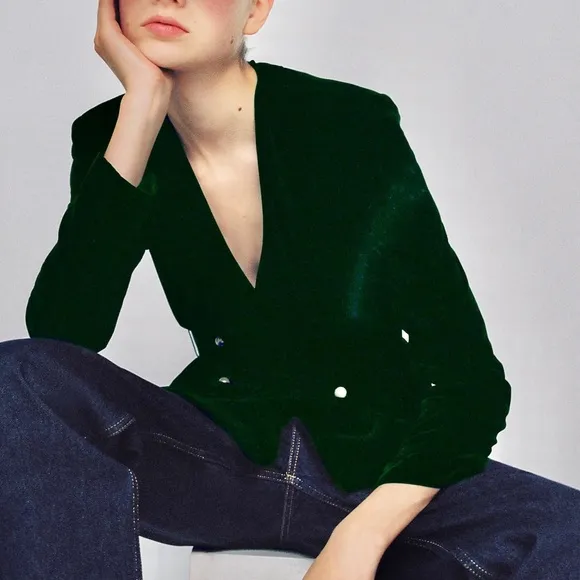 Zara NWOT lapel less collarless emerald green belted blazer
