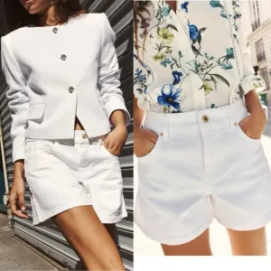 Zara NWT white denim jean shorts with gold button detail hardware
