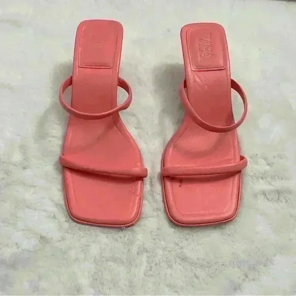 Zara Pink Strappy Leather Kitten Heel Sandals