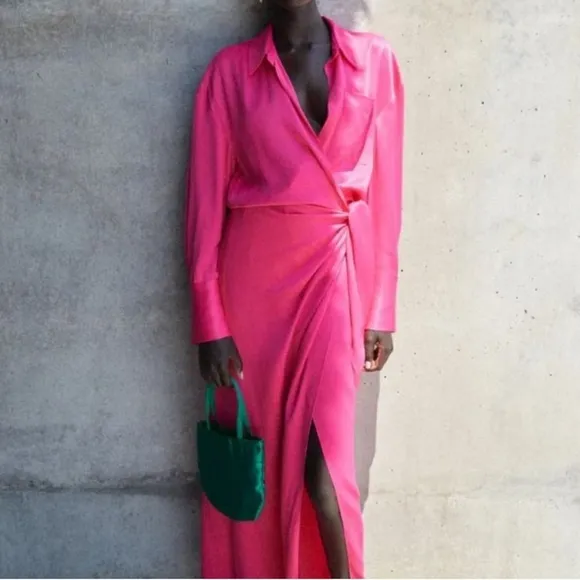 Zara Satin Limited Edition Collared Midi Shirt Dress Pink Size XS