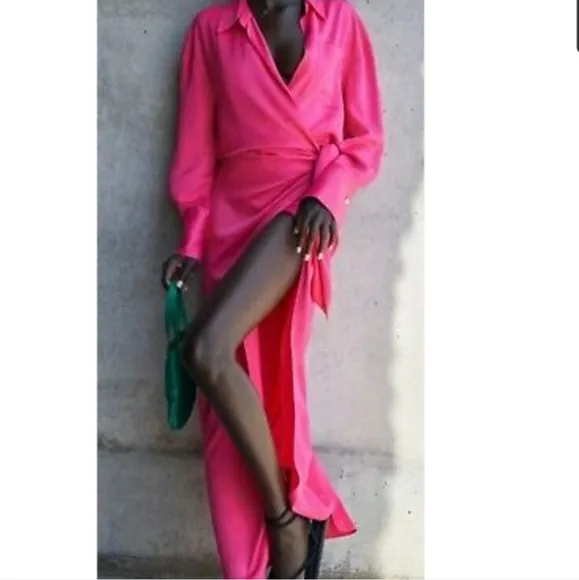 Zara Satin Limited Edition Collared Midi Shirt Dress Pink Size XS