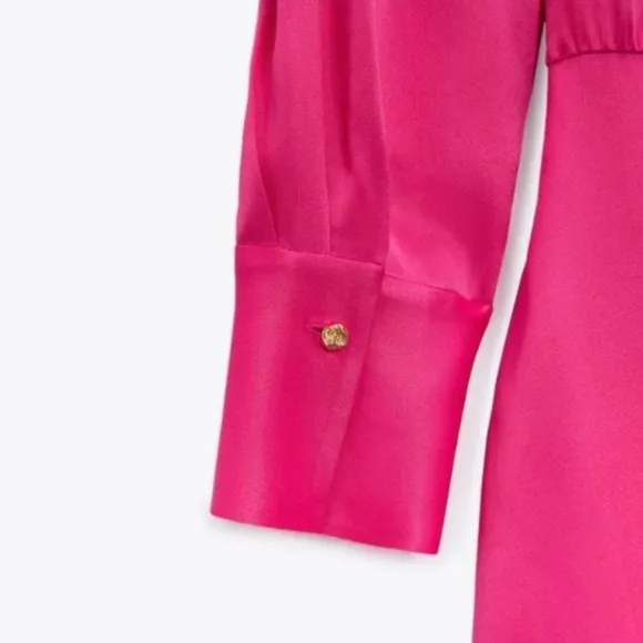 Zara Satin Limited Edition Collared Midi Shirt Dress Pink Size XS