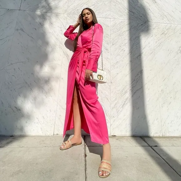 Zara Satin Limited Edition Collared Midi Shirt Dress Pink Size XS