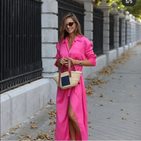 Zara Satin Limited Edition Collared Midi Shirt Dress Pink Size XS
