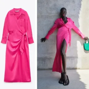 Zara Satin Limited Edition Collared Midi Shirt Dress Pink Size XS
