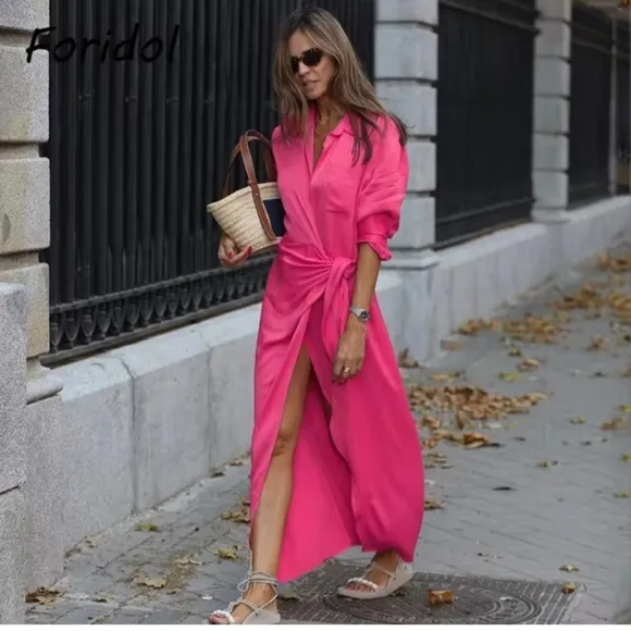 Zara Satin Limited Edition Collared Midi Shirt Dress Pink Size XS
