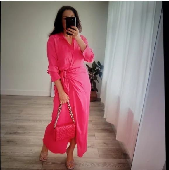 Zara Satin Limited Edition Collared Midi Shirt Dress Pink Size XS