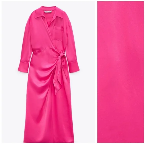 Zara Satin Limited Edition Collared Midi Shirt Dress Pink Size XS