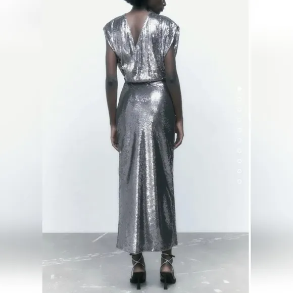 Zara SEQUIN SILVER LONG  DRESS GOWN Size S