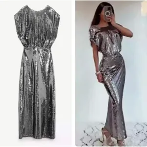 Zara SEQUIN SILVER LONG  DRESS GOWN Size S