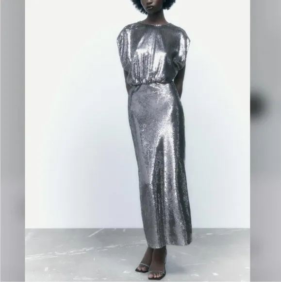 Zara SEQUIN SILVER LONG  DRESS GOWN Size S
