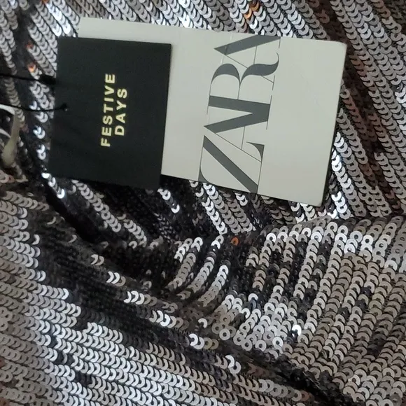 Zara SEQUIN SILVER LONG  DRESS GOWN Size S