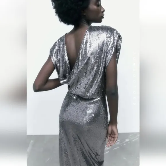 Zara SEQUIN SILVER LONG  DRESS GOWN Size S