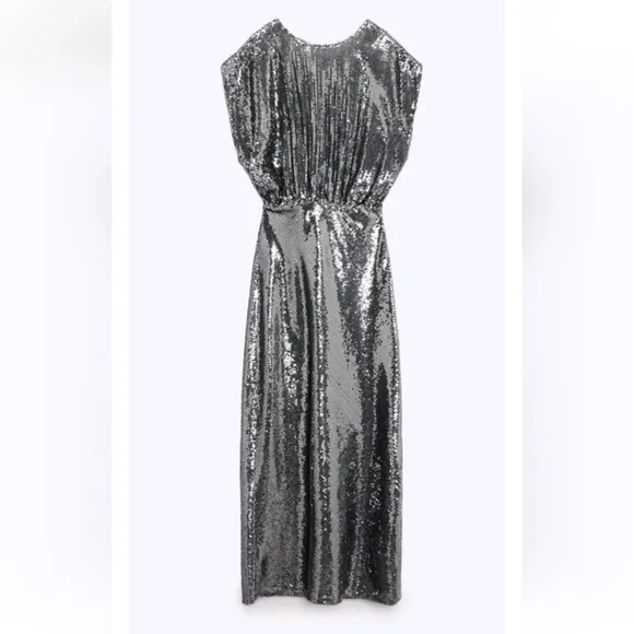 Zara SEQUIN SILVER LONG  DRESS GOWN Size S