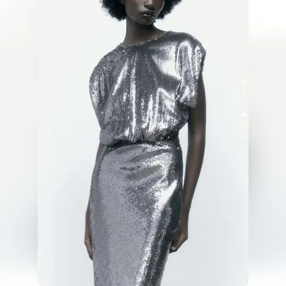 Zara SEQUIN SILVER LONG  DRESS GOWN Size S