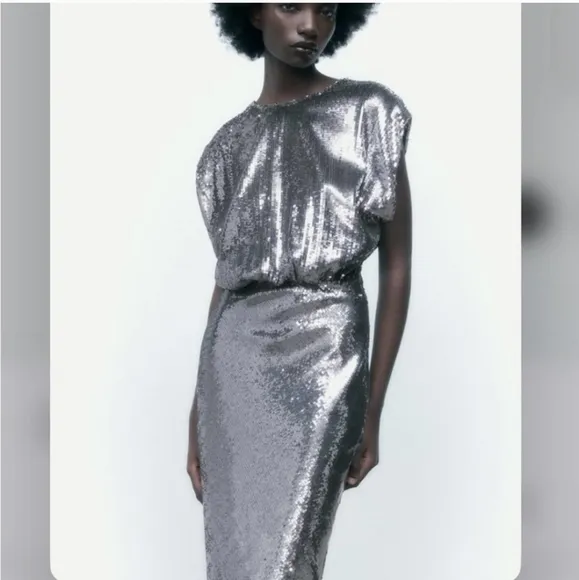 Zara SEQUIN SILVER LONG  DRESS GOWN Size S