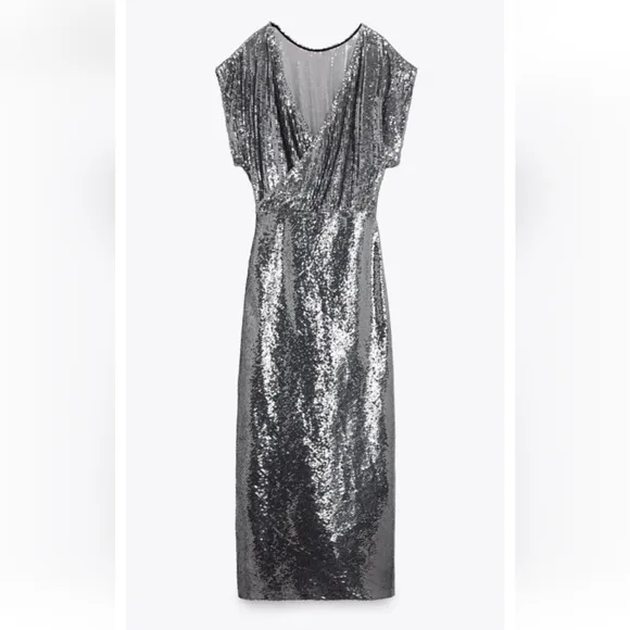 Zara SEQUIN SILVER LONG  DRESS GOWN Size S