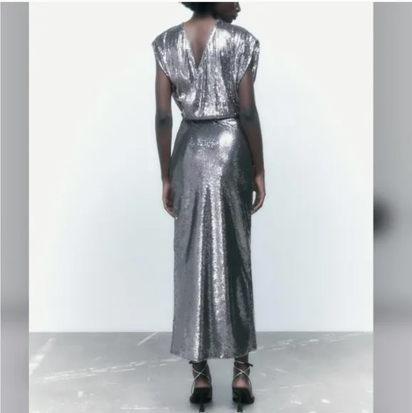 Zara SEQUIN SILVER LONG  DRESS GOWN Size S