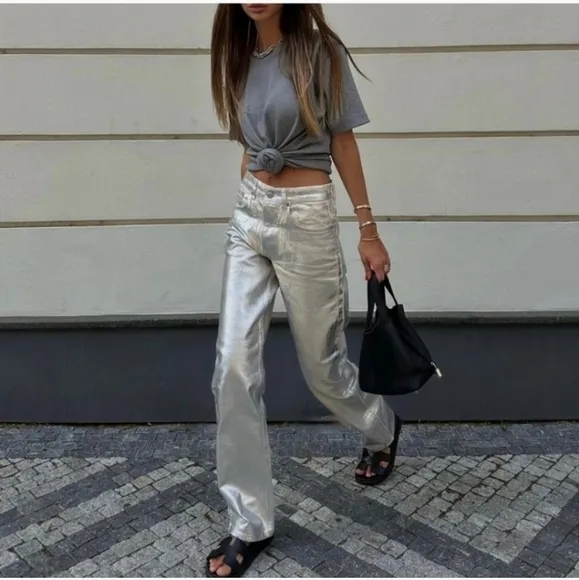 ZARA Silver Metallic Foil Wide Leg Mid Waist Jean