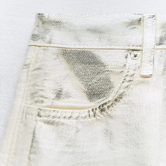 ZARA Silver Metallic Foil Wide Leg Mid Waist Jean