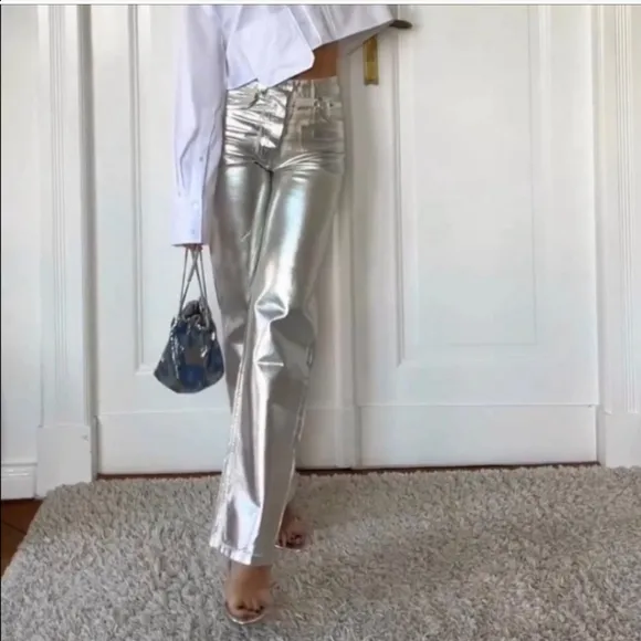 ZARA Silver Metallic Foil Wide Leg Mid Waist Jean