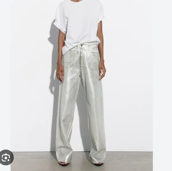 ZARA Silver Metallic Foil Wide Leg Mid Waist Jean