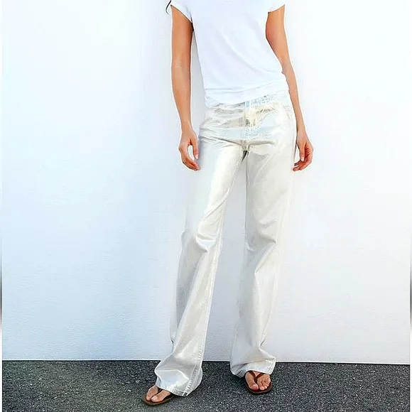 ZARA Silver Metallic Foil Wide Leg Mid Waist Jean