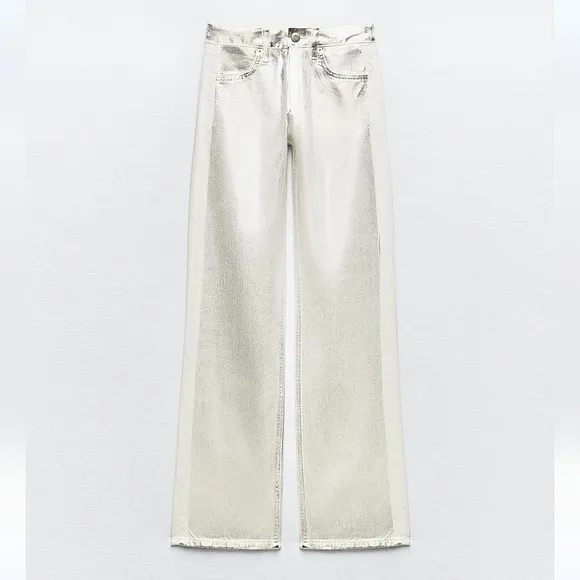 ZARA Silver Metallic Foil Wide Leg Mid Waist Jean