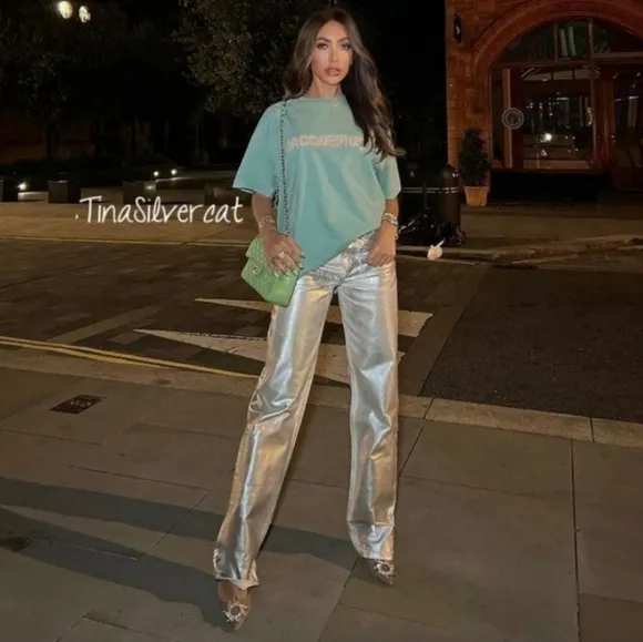 ZARA Silver Metallic Foil Wide Leg Mid Waist Jean