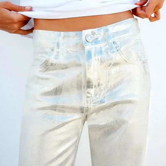 ZARA Silver Metallic Foil Wide Leg Mid Waist Jean