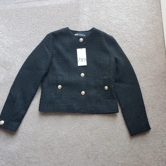 Zara textured tweed blazer black