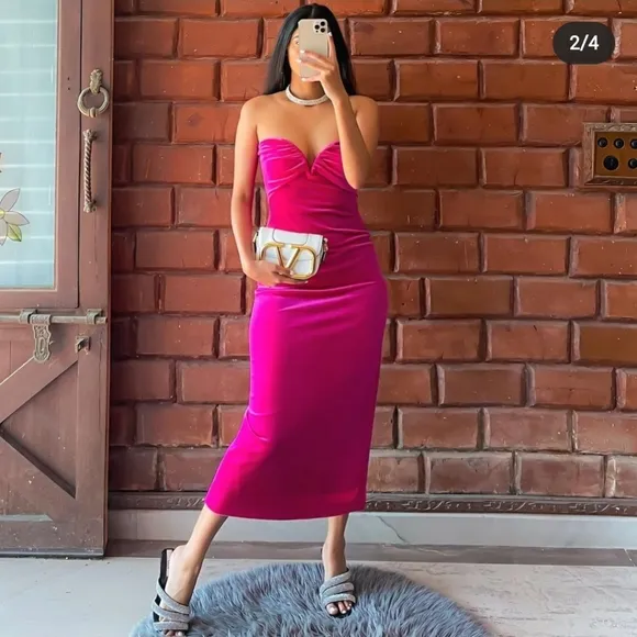 Zara * Velvet Midi Dress Pink Size XS