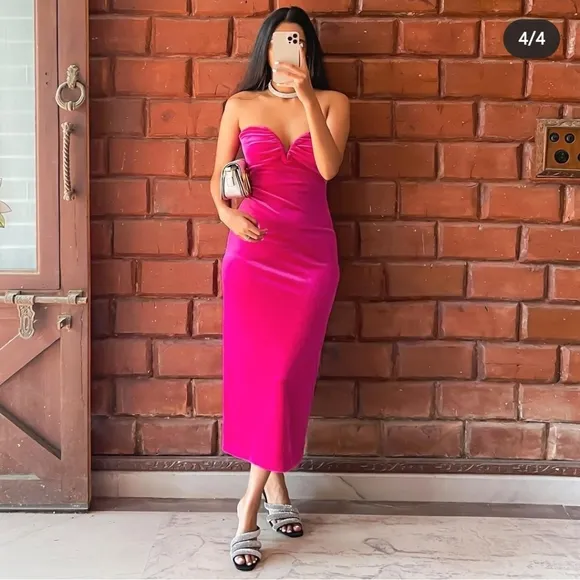 Zara * Velvet Midi Dress Pink Size XS