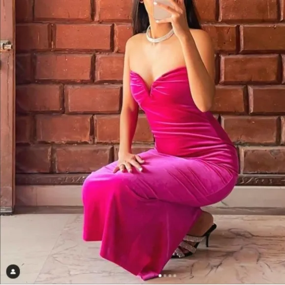 Zara * Velvet Midi Dress Pink Size XS