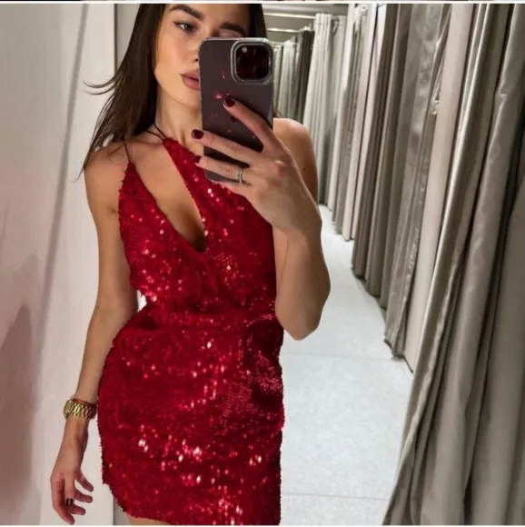 Zara * Velvet Sequin Mini Dress Red Size XS S M