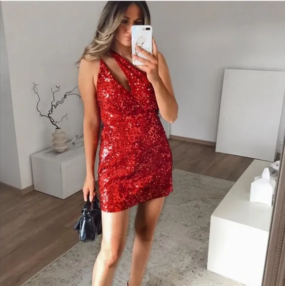 Zara * Velvet Sequin Mini Dress Red Size XS S M