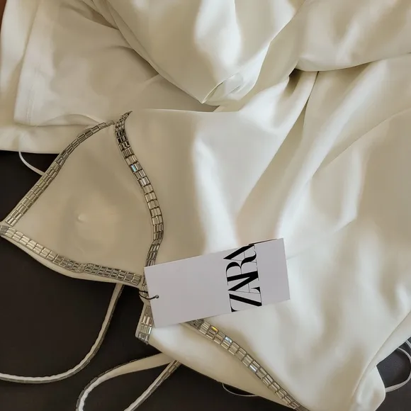 ZARA White Midi  Rhinestone Dress Size S